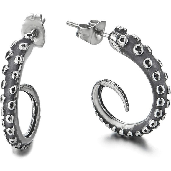 Vintage Style Earrings With Octopus Tentacle|Unisex Marine Animal Hoop Earrings - Picture 1 of 7
